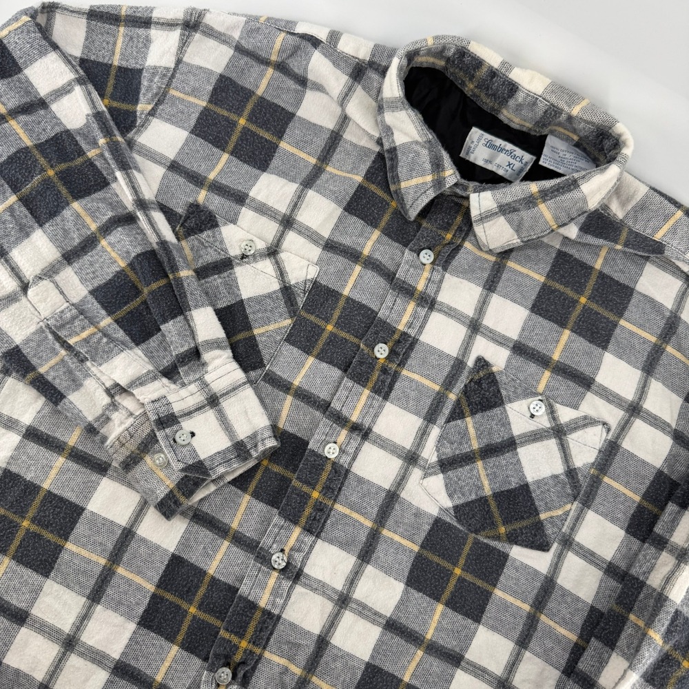 Vintage LumberJack Flannel Shirt Mens XL Grey White Yellow Plaid Cotton Workwear